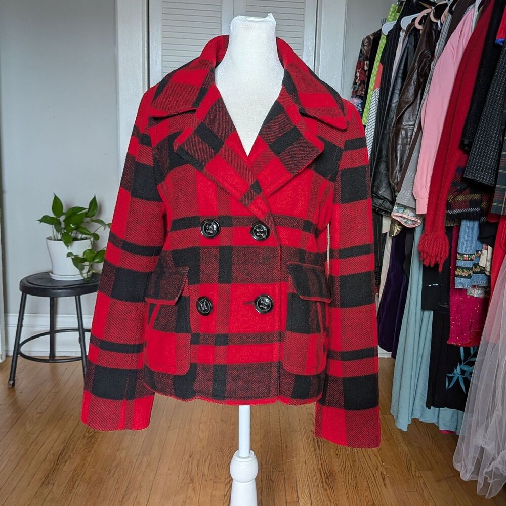 American Eagle Wool Blend Coat Red Plaid Double Breasted Winter Jacket Size M